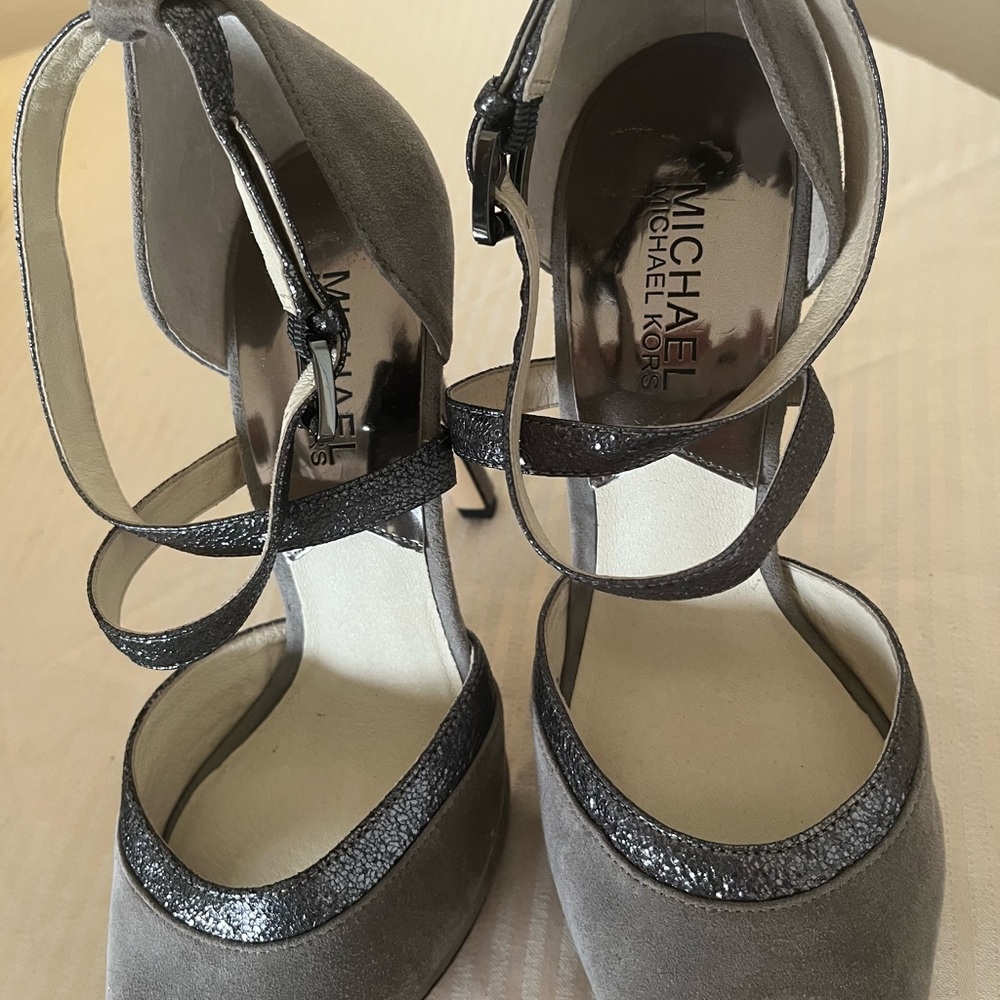 Michael Kors Metallic-Trim Gray Suede Ankle-Strap Heels